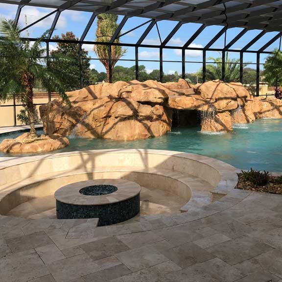 freeform pool design lazy river with island waterfall